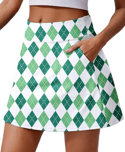 PINSPARK Skorts for Woman UPF 50+ Golf Skirts Stretch Tennis Skort with 4 Pockets Moisture Wicking Pickleball Skirt with Shorts Underneath, Green White Plaid Small | Amazon (US)