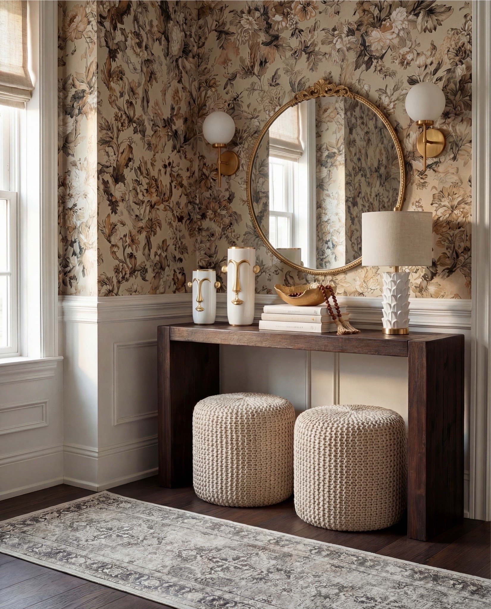 Shop the Look:
• Dark wood console
• Chunky knit ottomans
• Brass globe sconces
• Sculptural white lamp
• Floral wallpaper (cream/taupe/charcoal)
• Neutral geometric runner
• Gold bowl + white sculptural vase
• Design book stack

#LTKSaleAlert #LTKHome