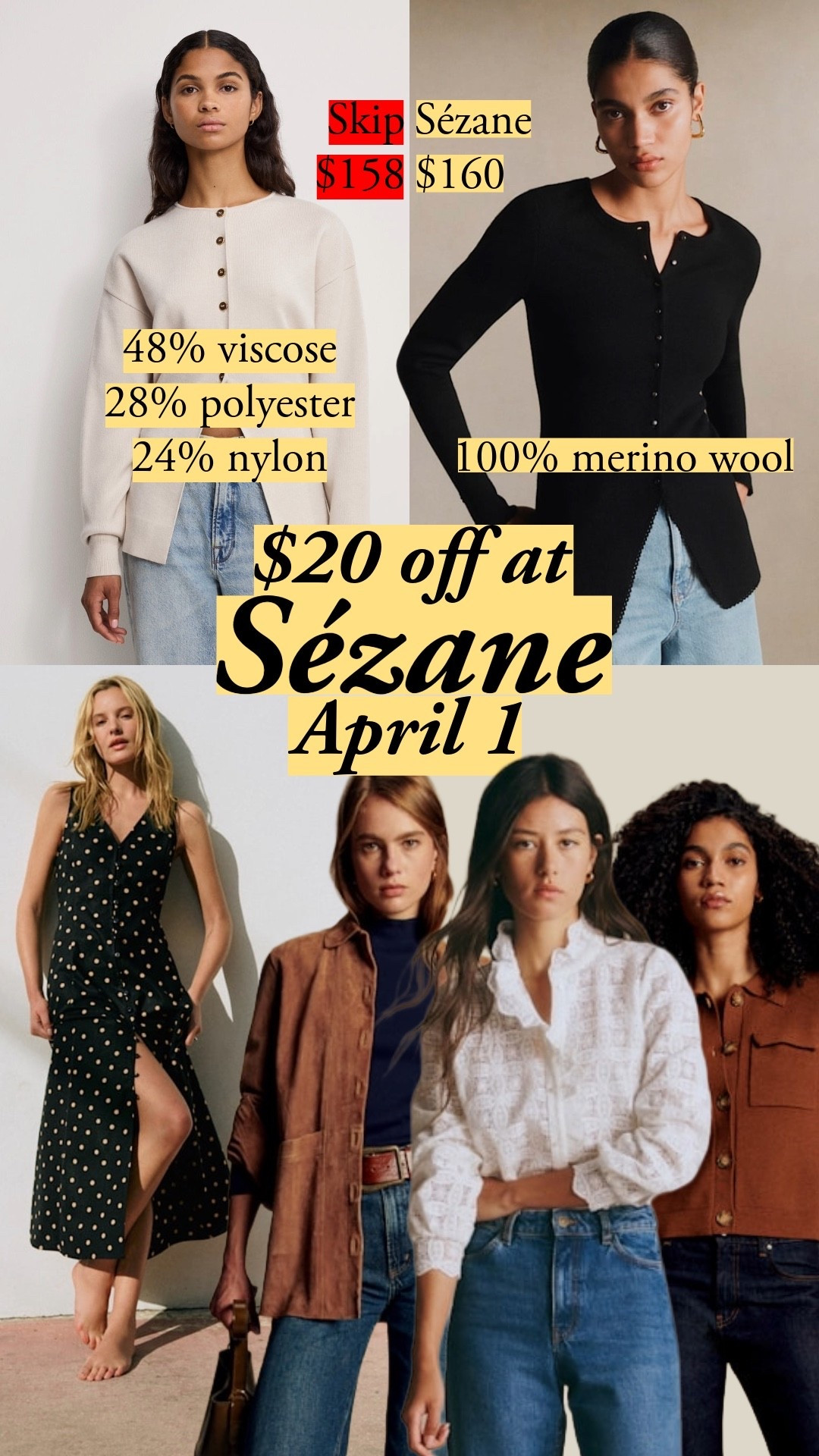 $20 off at $50+ at Sézane on April 1 - find your code on their site! My Sézane spring picks – the suede coat in goat suede with viscose lining outperforms similar jackets at twice the price. Skip the loafers (blobby toe), grab the sandals, Milano knit cardigans, embroidered blouses, and hand-woven raffia bags. Skip the classic button ups - they're average at best, and too often, the stripes don't align.

#LTKootd