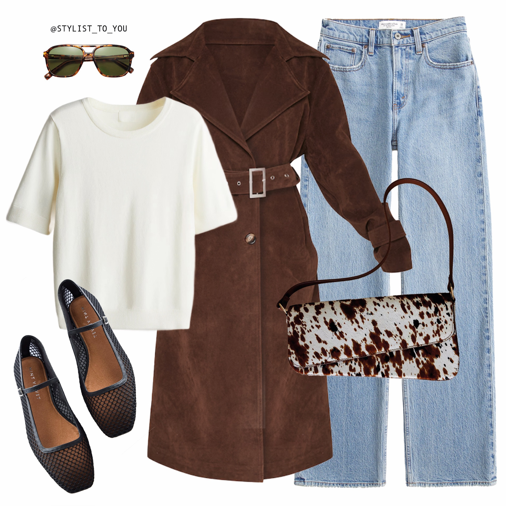 From the ranch to the runway: Cow print is a vibe 🐄

A sophisticated and stylish outfit flat lay featuring a creamy white short-sleeve top paired with high-waisted light-wash denim jeans. The look is enhanced by a luxurious brown suede trench coat with a belt, black mesh pointed flats, and a bold cow-print shoulder bag with brown leather detailing. Accessories include green-tinted sunglasses for a touch of vintage flair. This chic ensemble blends casual comfort with sophisticated, edgy elements for a fashionable yet wearable, suede trench coat, cow print accessories, casual elegance, fashion-forward look, street style chic, minimalistic style, timeless denim, neutral tones, everyday glamour, effortless sophistication, mesh flats, high-waisted jeans, contemporary style, luxe outerwear, autumn fashion, trendy accessories, fashion details, elevated casual, vintage-inspired, chic simplicity, statement outerwear, fashion layering, modern essentials, casual yet chic, easygoing style, versatile wardrobe, luxe and laid-back, on-trend look, fashion balance, edgy chic, soft neutrals, urban cool.

#LTKluxury #LTKeurope #LTKuk