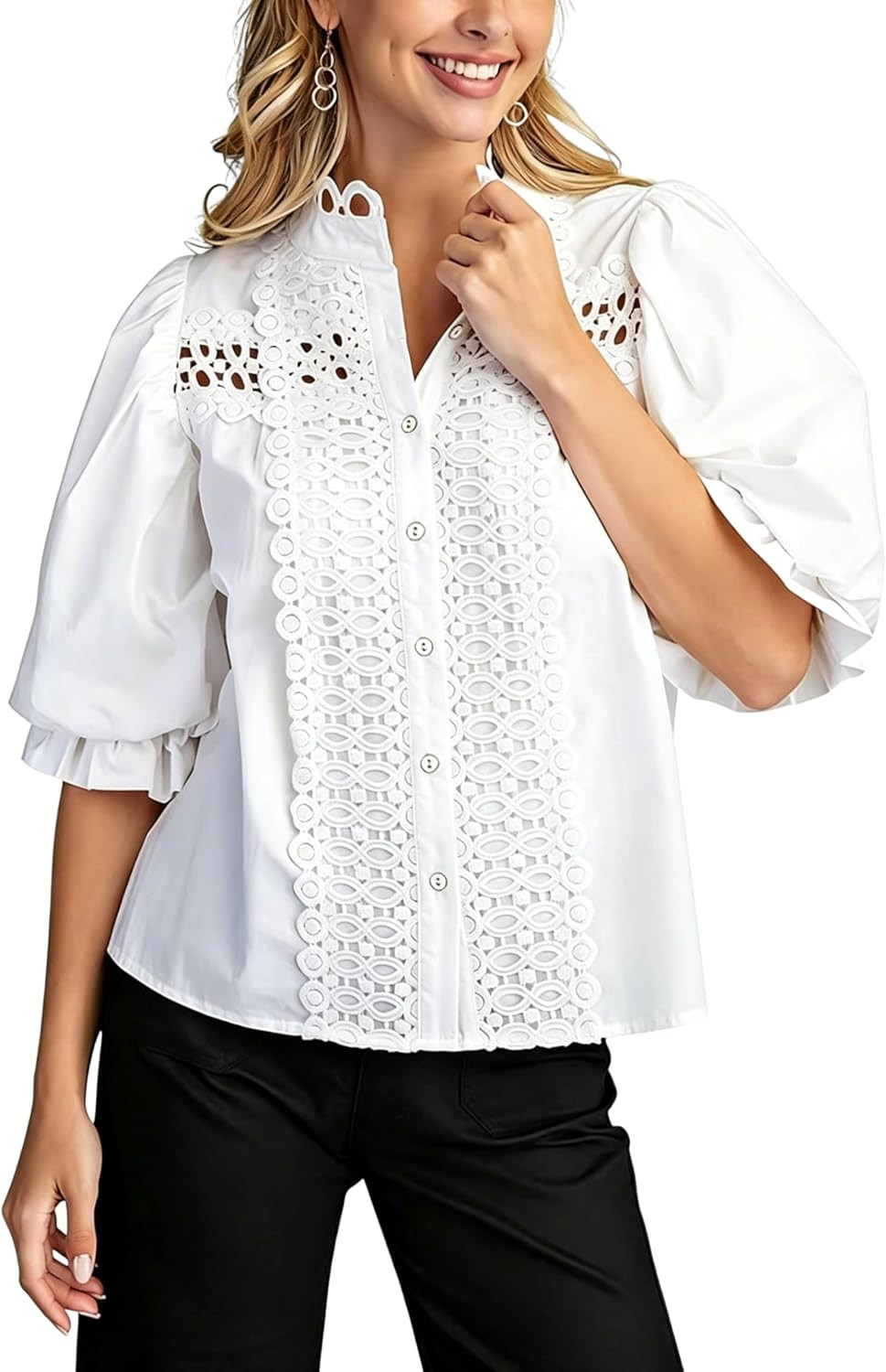 Esmeling Women Lace Embroidered Eyelet Top Mock Neck Puff Ruffle Sleeve Shirt Hollow Out Button Down Blouse | Amazon (US)