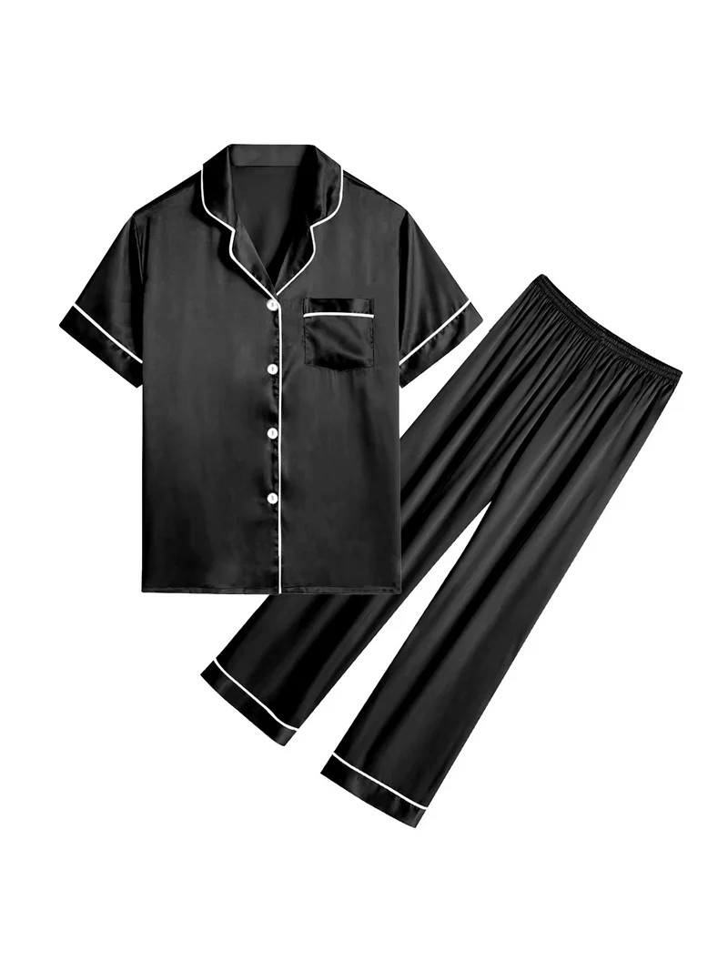 DAKIMOE Silk Satin Pajamas Set for Women Two-Piece Short Sleeve Shirt with Long Pajama Pant Set S... | Walmart (US)