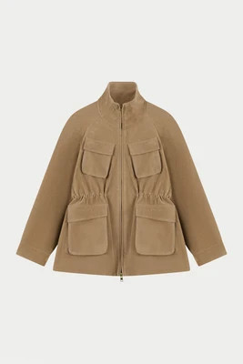 Faux Suede Bellow Pocket Ruched Waist Jacket - Beige | The Couture Club