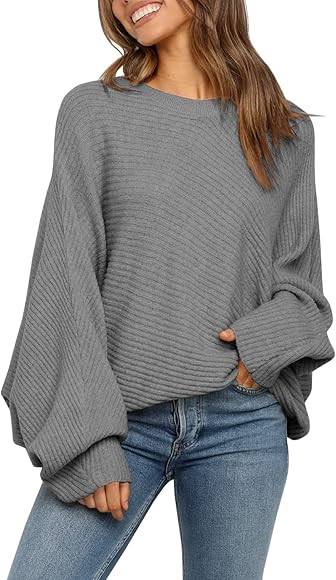 Mafulus Women's Oversized Crewneck Sweater Batwing Puff Long Sleeve Cable Slouchy Pullover Jumper To | Amazon (US)