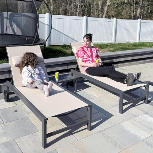 PURPLE LEAF Patio Lounge Chair Set of 3 Outdoor Chaise Lounger Aluminum Frame with Side Table and Wheels for Pool Outside Sunbathing Tanning Recliner Including Pillows Beige | Amazon (US)