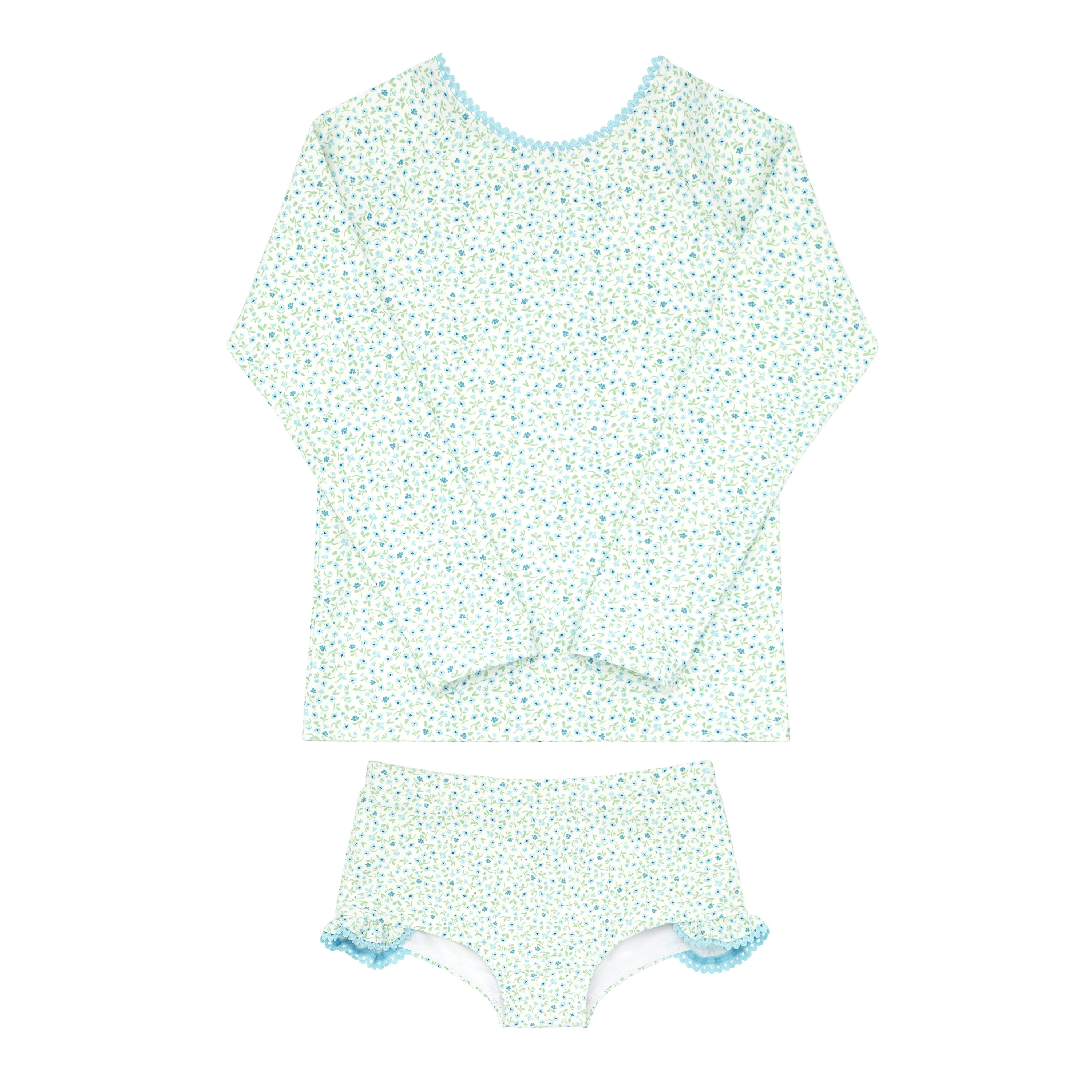 girls hibiscus ditsy rashguard set with ruffle edge swimshorts | minnow