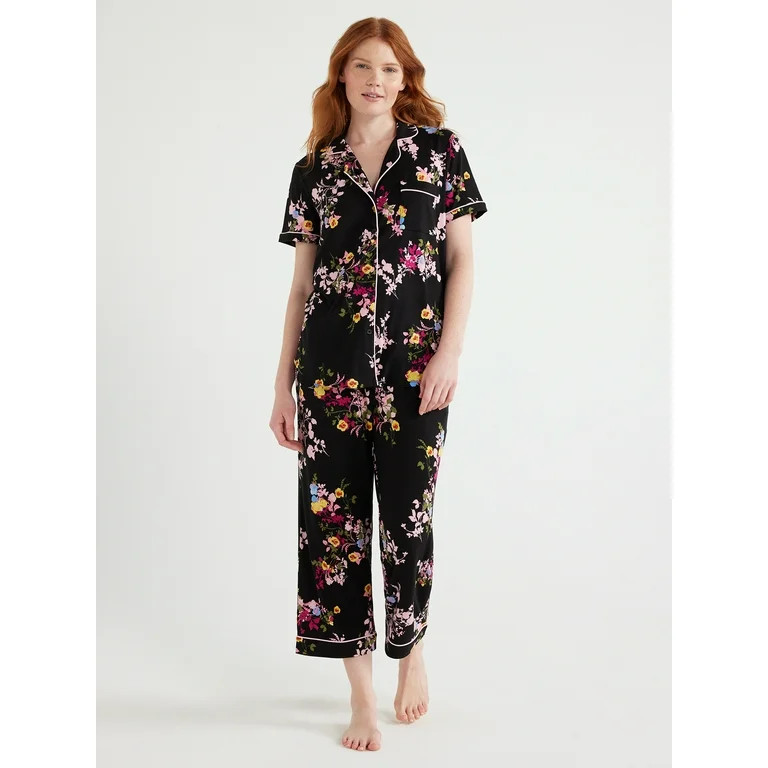 Joyspun Women's Knit Notch Collar Top and Capri Pants Pajama Set, 2-Piece, Sizes S to 3X | Walmart (US)