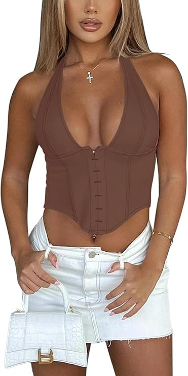 REORIA Women's Summer Sexy Halter V Neck Sleeveless Backless Trendy Y2k Going Out Corset Tank Cro... | Amazon (US)