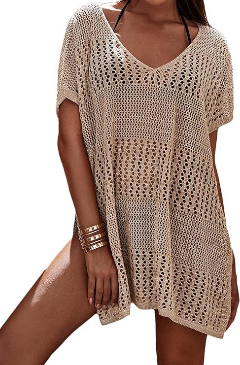 MakeMeChic Women's Short Sleeve Cover Up Hollow Out Crochet Cover Up Dress | Amazon (US)