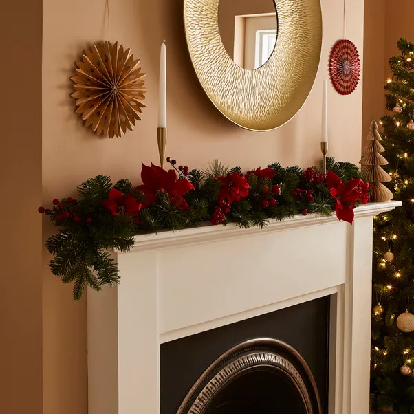 150cm Artificial Poinsettia Garland with Berries & Pine Needles | Dunelm