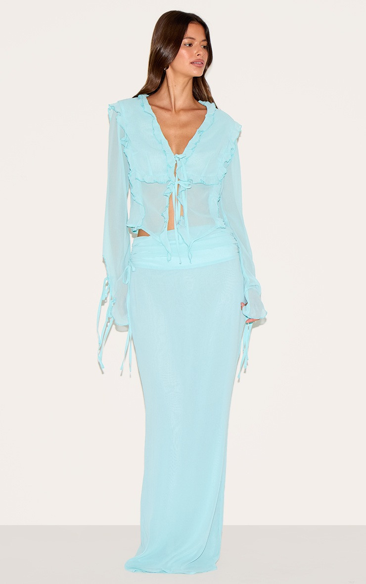 Aqua Chiffon Ruffle Tie Front Blouse | PrettyLittleThing US