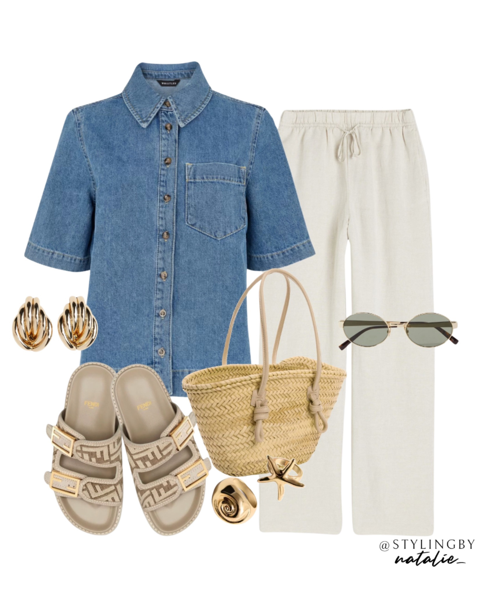 Short sleeve denim shirt, linen trousers with elasticated waist, fendi sandals, straw bucket bag, gold jewellery & Saint Laurent sunglasses.
Summer outfit, everyday outfit, casual looks.

#LTKstyletip #LTKeurope #LTKsummer