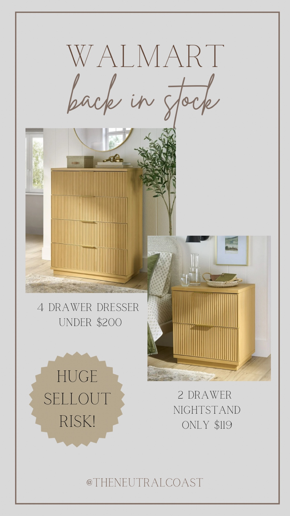 Hurry! Back in stock but not for long! These fluted nightstands and dresser sell out very quickly. And these prices can’t be beat! 

Neutral decor. Neutral dresser. Walmart home.  Fluted dresser. Fluted nightstand. Walmart find. Bedroom refresh. Bedroom furniture.  Neutral bedroom.

#LTKSaleAlert #LTKStyleTip #LTKHome