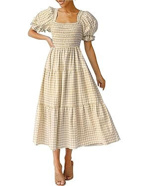 ZESICA Women's 2025 Bohemian Summer Plaid Square Neck Puff Sleeve Ruffle Flowy Beach Midi Dress | Amazon (US)