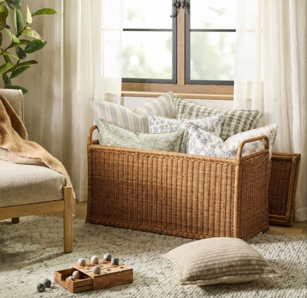 The perfect rattan trunk to store your bed pillows, shoes, backpacks, sports equipment and ALL of the things! Pretty storage, practical storage, rattan, raffia wovan trunk, basket 

 #LTKHome