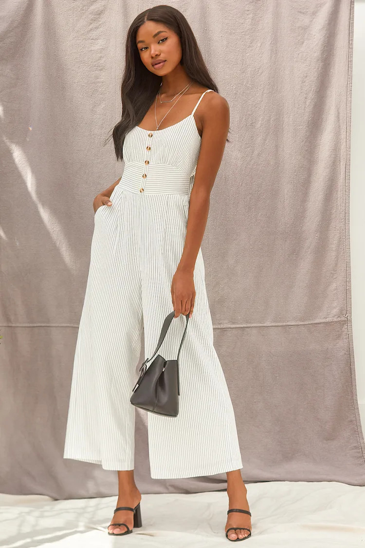 Coastal Air White Striped Tie-Back Culotte Jumpsuit | Lulus (US)