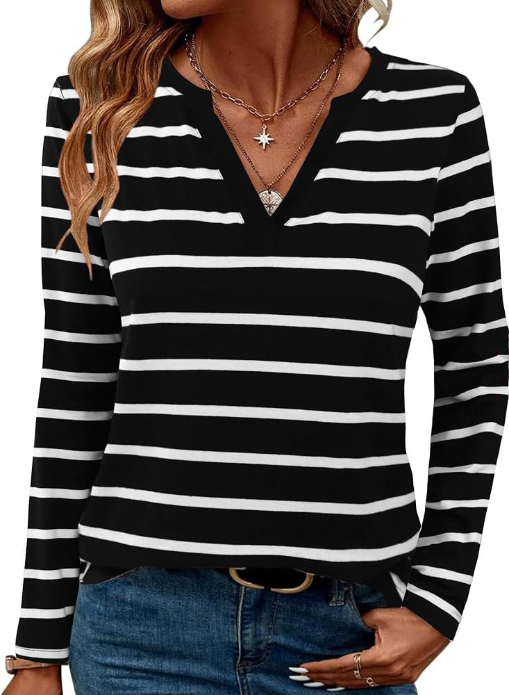 LilyCoco Womens Striped Long Sleeve Shirt V Neck T Shirts Casual Fall Boho Tops | Amazon (US)