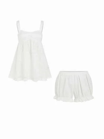 Knit Fabric Square Neck Lace Bowknot Oversized Top & Mid Rise Ruffled Shorts Set For Daily Casual | Cider