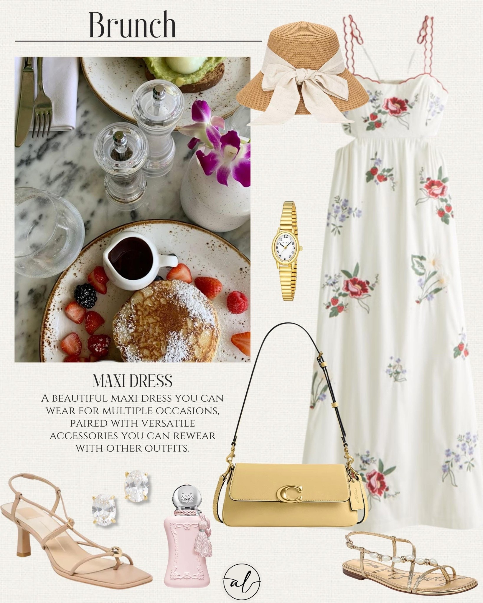 Brunch Outfit - a beautiful maxi dress you can wear for multiple occasions, paired with versatile accessories you can rewear with other outfits.

#LTKU #LTKSeasonal #LTKootd