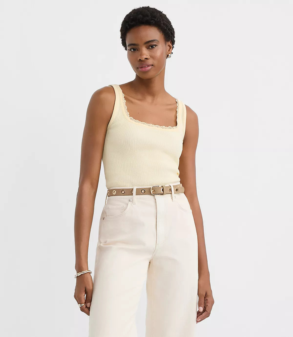 Lace Trim Perfect Ribbed Square Neck Tank Top | LOFT
