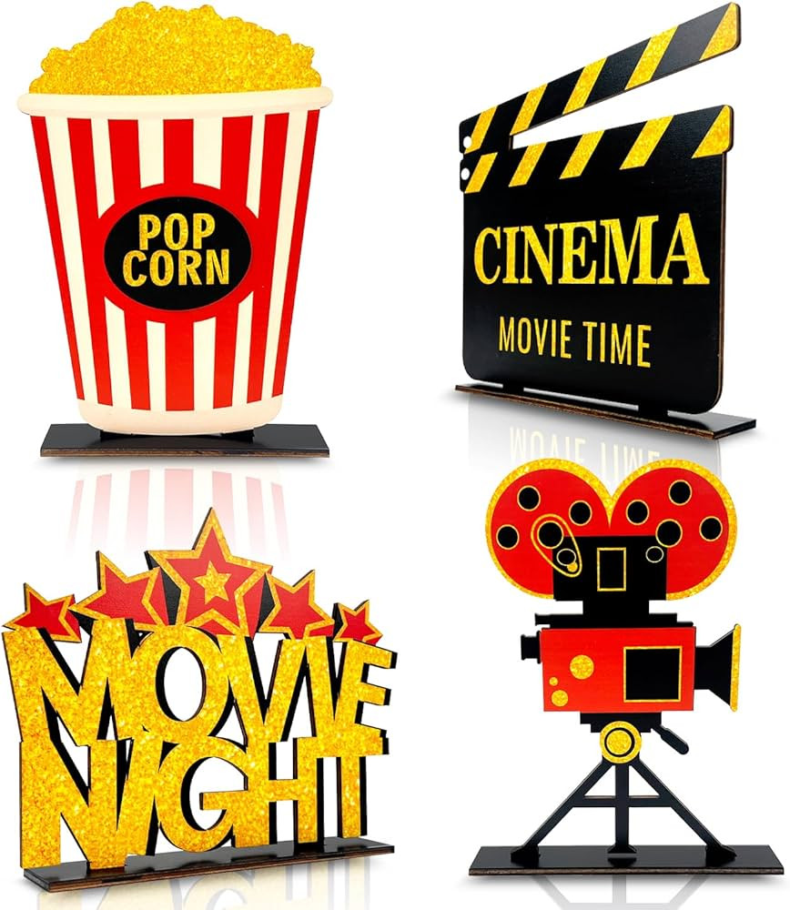 4 Pieces Movie Night Decorations Movie Theater Table Wooden Centerpieces Sign Hollywood Theme Par... | Amazon (US)