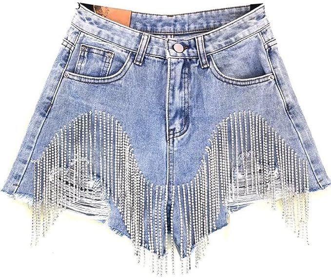 Summer European Style Diamond Tassels Denim Shorts Woman High Waist Jeans Shorts | Amazon (US)