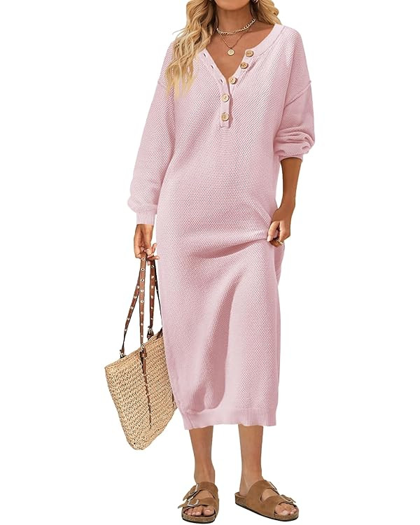 MEROKEETY Women's 2023 Long Sleeve Button V Neck Sweater Dress Casual Fall Loose Knit Maxi Dress | Amazon (US)