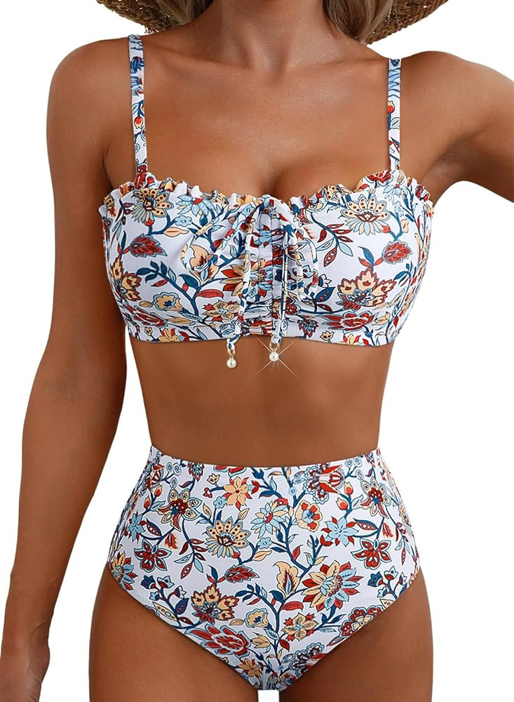 Herseas Women's Floral Print Bikini Sets Lace Up Front 2 Piece High Wasited Swimsuits Ruched Ruff... | Amazon (US)