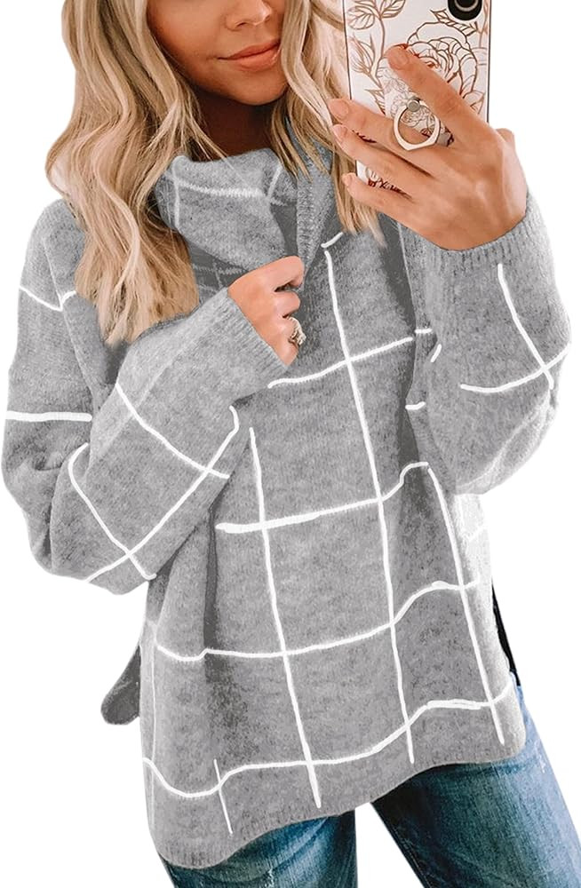 ECOWISH Women Fall Pullover Sweater Turtleneck Plaid Long Sleeve Loose Casual Chunky Checked Knit... | Amazon (US)