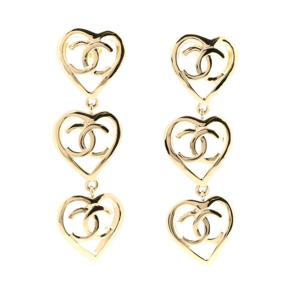 Metal CC Triple Heart Coco In Love Drop Earrings Gold | FASHIONPHILE (US)
