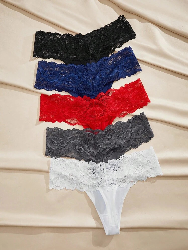 Charlaine Paquete de 5 bragas con encaje de contraste, lencería sexy | SHEIN