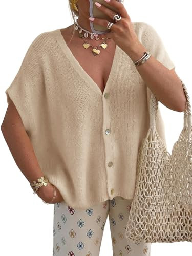 Saodimallsu Womens Spring Oversized Cardigans Batwing Short Sleeve Lightweight Button V Neck Casual Knit Sweater Tops Khaki | Amazon (US)