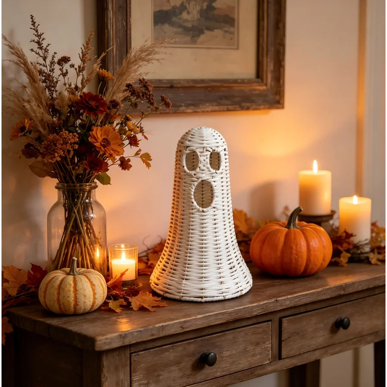 NANIL Halloween Woven Ghost Basket, 12 Inch Handwoven White Rattan Ghost Figurine, Spooky Farmhou... | Walmart (US)