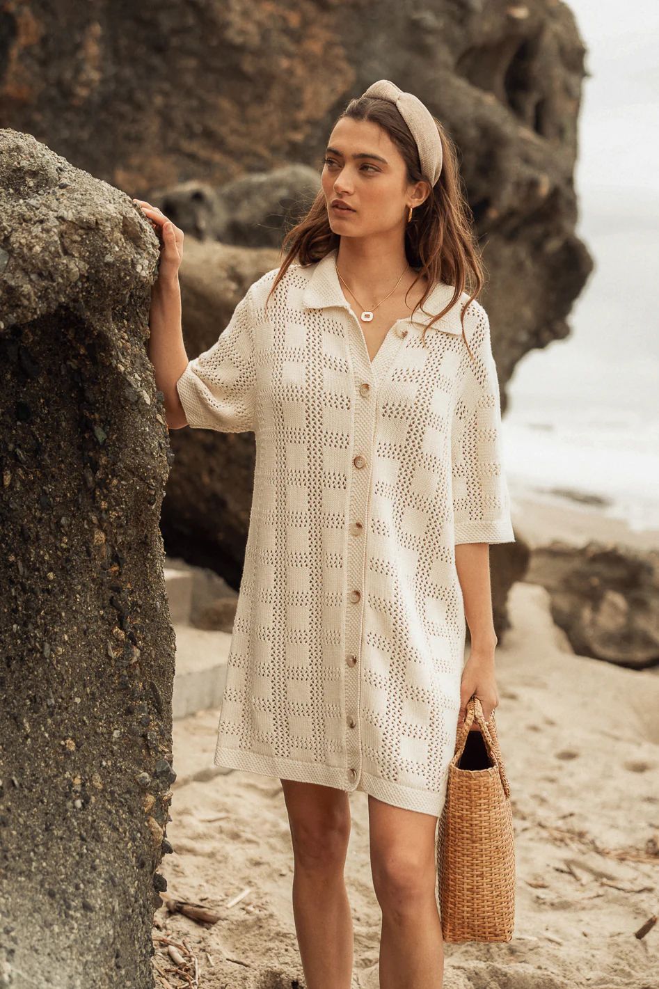 Crochet Button Up Dress in Cream | Bohme