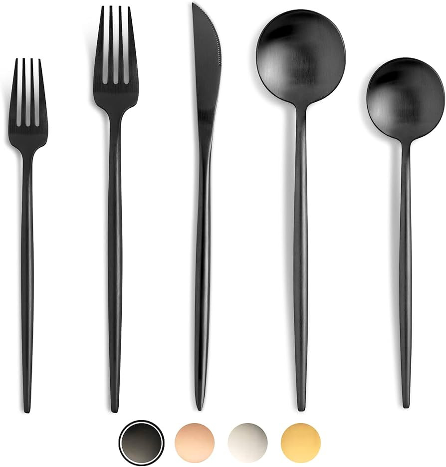 BirdyFly Black Silverware Set, 20 Piece Stainless Steel Flatware Set Service for 4, Matte Black C... | Amazon (US)