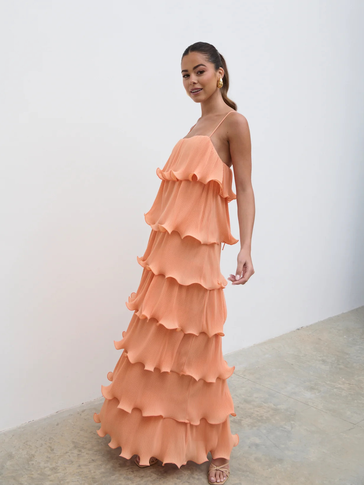 Kaelie Ruffle Plisse Maxi Dress - Apricot | Pretty Lavish (UK)