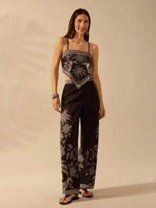 CAJUNI Women's Boho Tropical Floral, Coconut Tree, Toucan Print V-Neck Lace-Up Cami Tank Top, Vac... | SHEIN