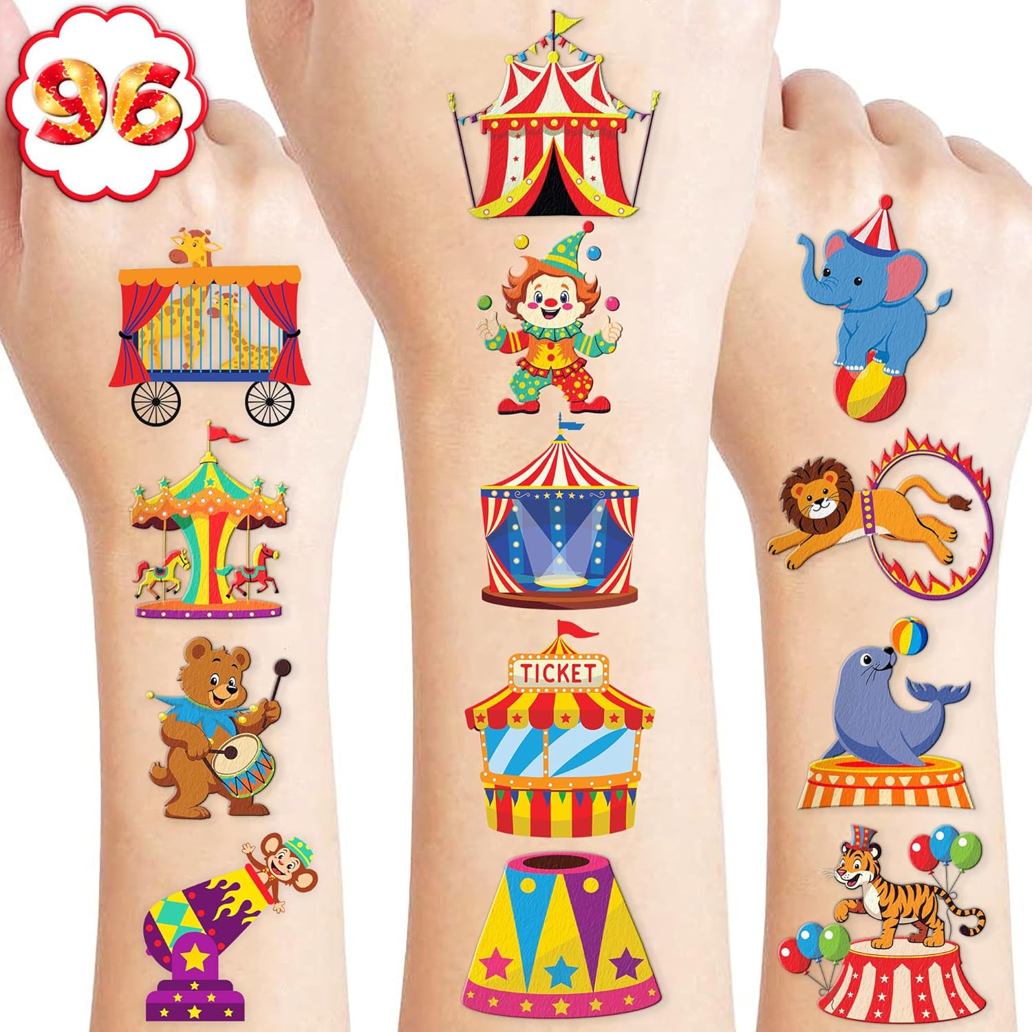 96PCS Carnival Circus Clown Pre-Cut Temporary Tattoos for Kids | Super Cute Themed Birthday Party... | Amazon (US)