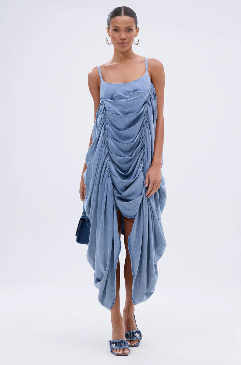 SMOOTH OPERATOR RUCHED MIDI DRESS IN DENIM | AKIRA