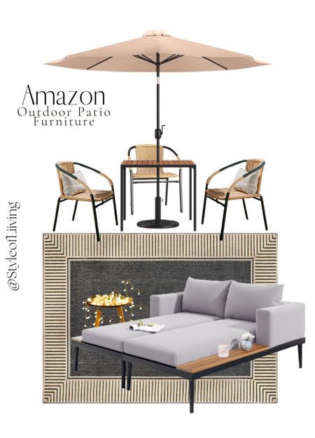 Outdoor patio furniture from Amazon! Outdoor area rugs, dining chairs, small dining table with umbrella, lounge chair chaise built in side table, string lights. #founditonamazon #amazonhome #amazonfinds

#LTKfamily #LTKhome #LTKSeasonal