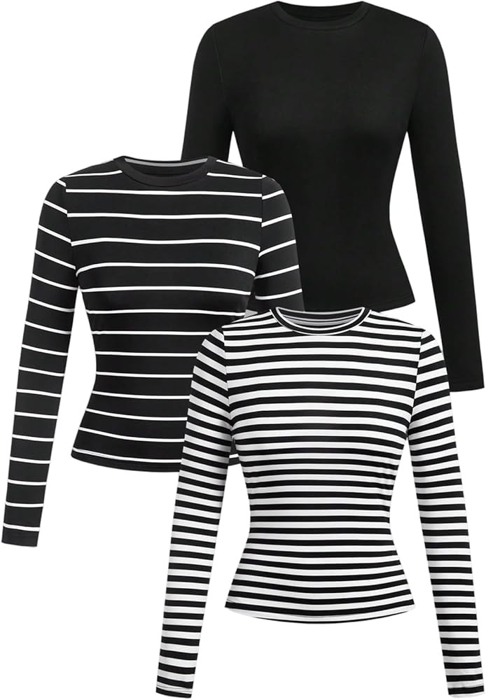 SOLY HUX Women's Basic T Shirts 3 Packs Long Sleeve Tops Slim Fitted Striped Tees | Amazon (US)