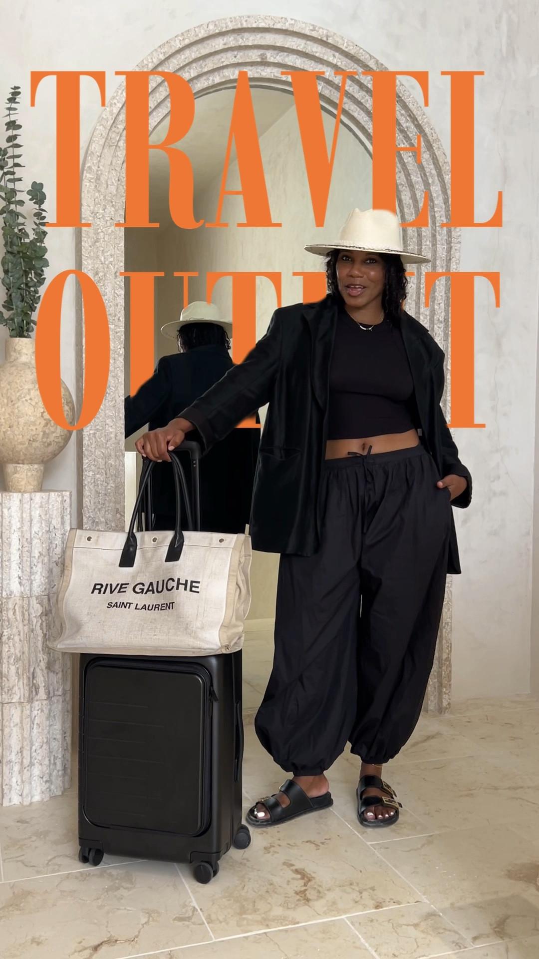 TRAVEL OUTFIT

Amazon Pants (small)
Revolve Top (medium)
& Other Stories Blazer (OLD)
Fendi Slides
Jenny Bird Twist Anklet
Corazon Playero Hat
YSL Tote
Quince Carry on Luggage

#LTKSaleAlert #LTKTravel #LTKdayinmylife