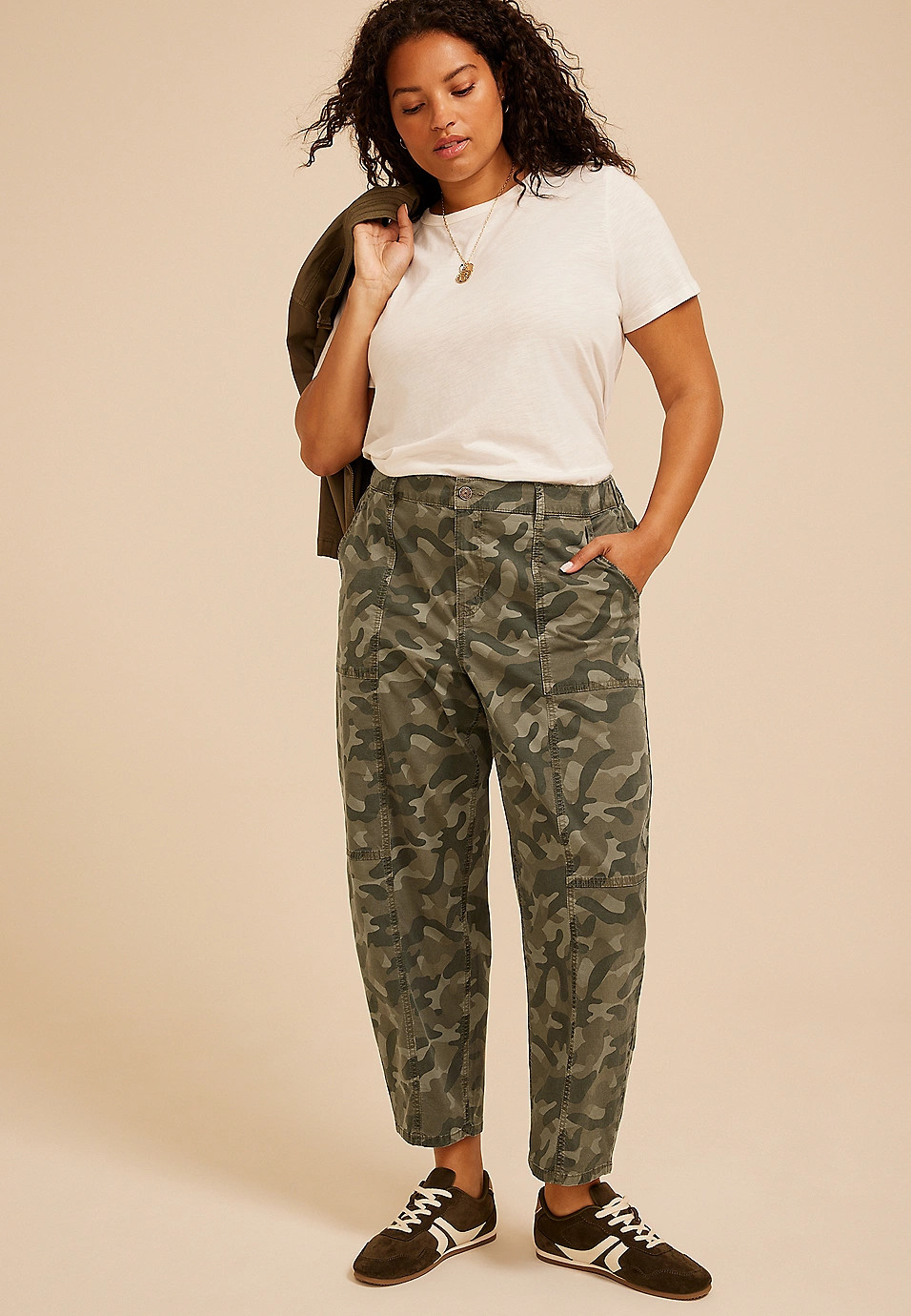 Plus Size Camo High Rise Seamed Barrel Pant | Maurices