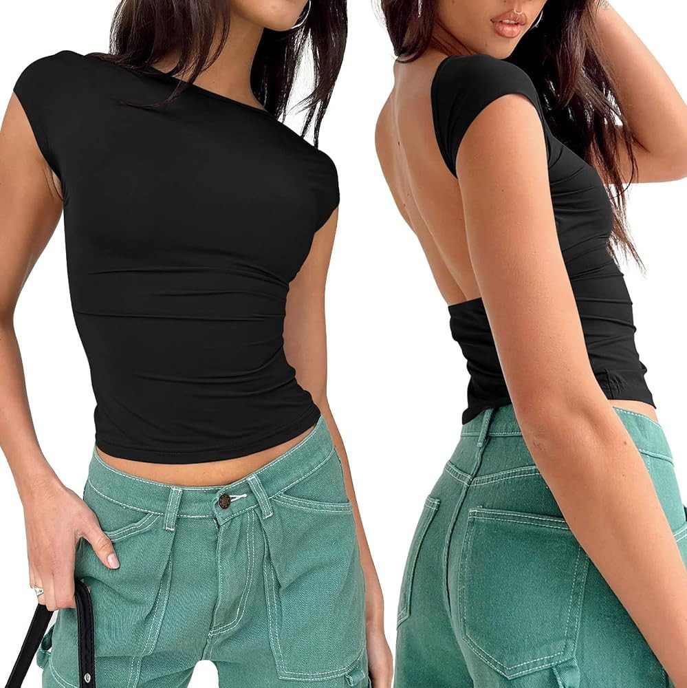 Women Sexy Backless Going Out Top Double Lined Y2K Open Back Crop Tops 2024 Backless Tee Shirts S... | Amazon (US)
