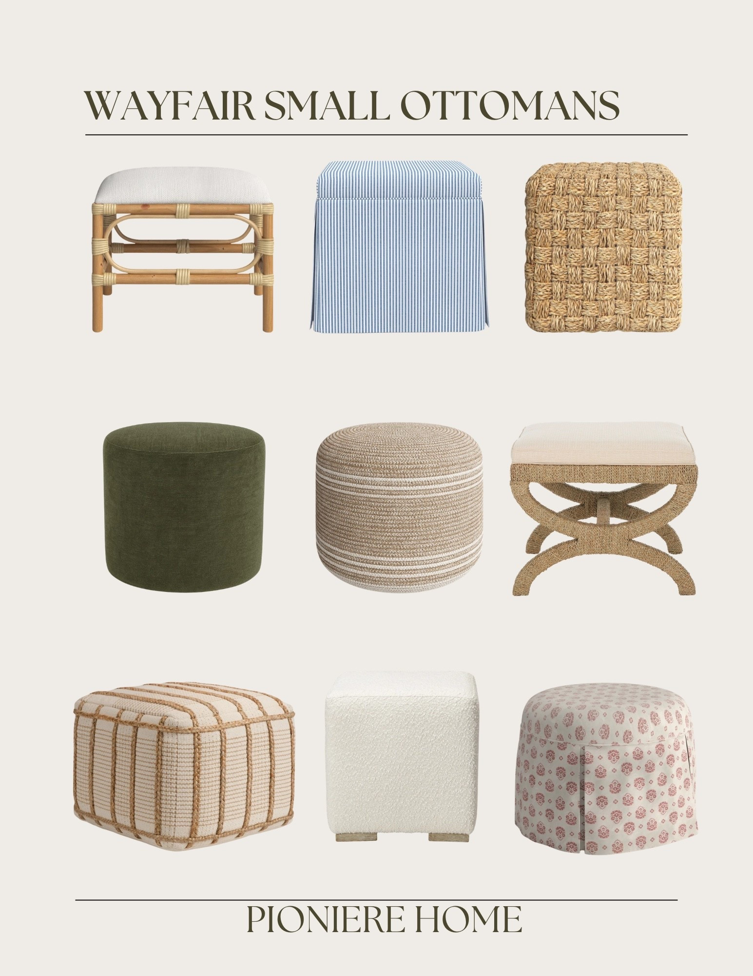 Wayfair small ottomans. Pouf ottomans. Woven ottomans. Skirted ottomans. Affordable accent furniture. Spring home accents  

#LTKSeasonal #LTKSaleAlert #LTKHome