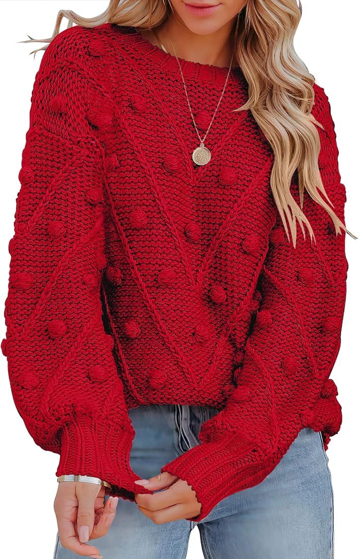 Crewneck Balloon Long Sleeve Cable Knit Sweater, Amazon Christmas Outfit  | Amazon (US)