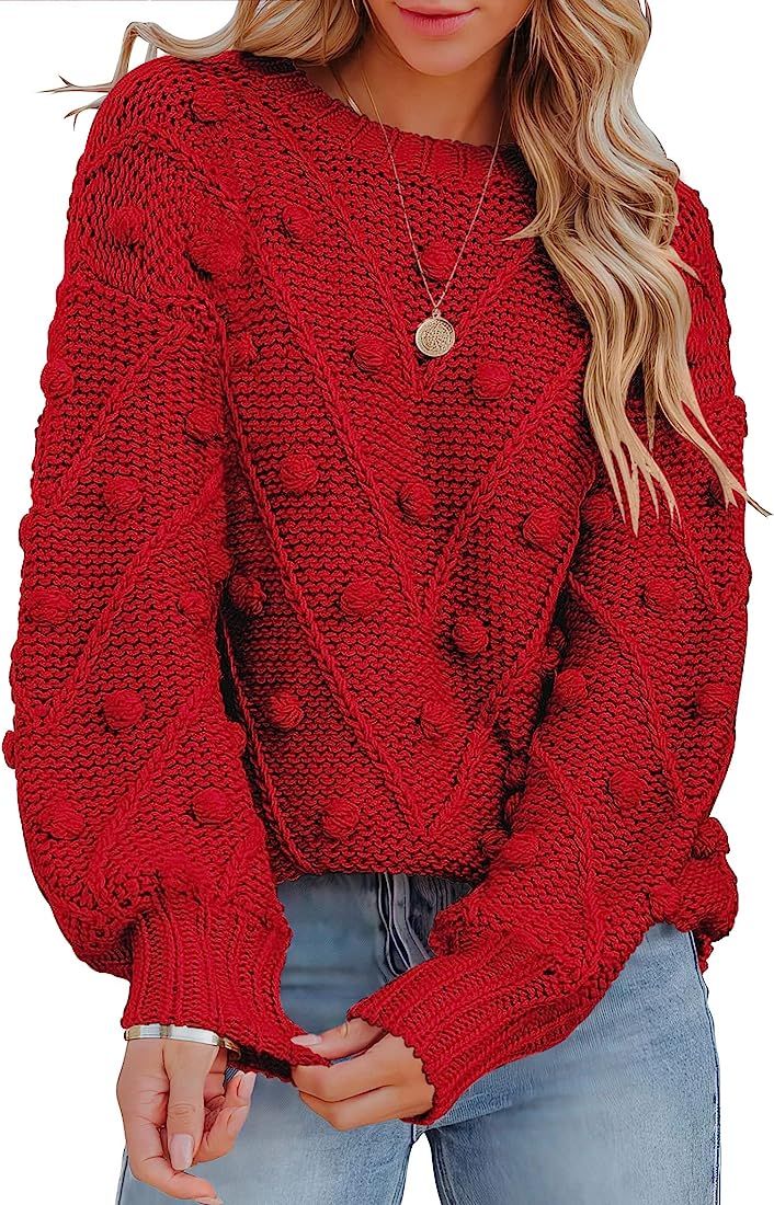 Crewneck Balloon Long Sleeve Cable Knit Sweater, Amazon Christmas Outfit  | Amazon (US)