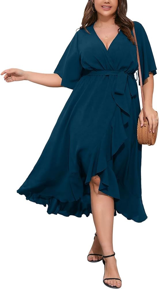 SCOMCHIC Women Plus Size Maxi Dress Short Sleeve Wrap V Neck High Low Split Ruffle Long Dress | Amazon (US)