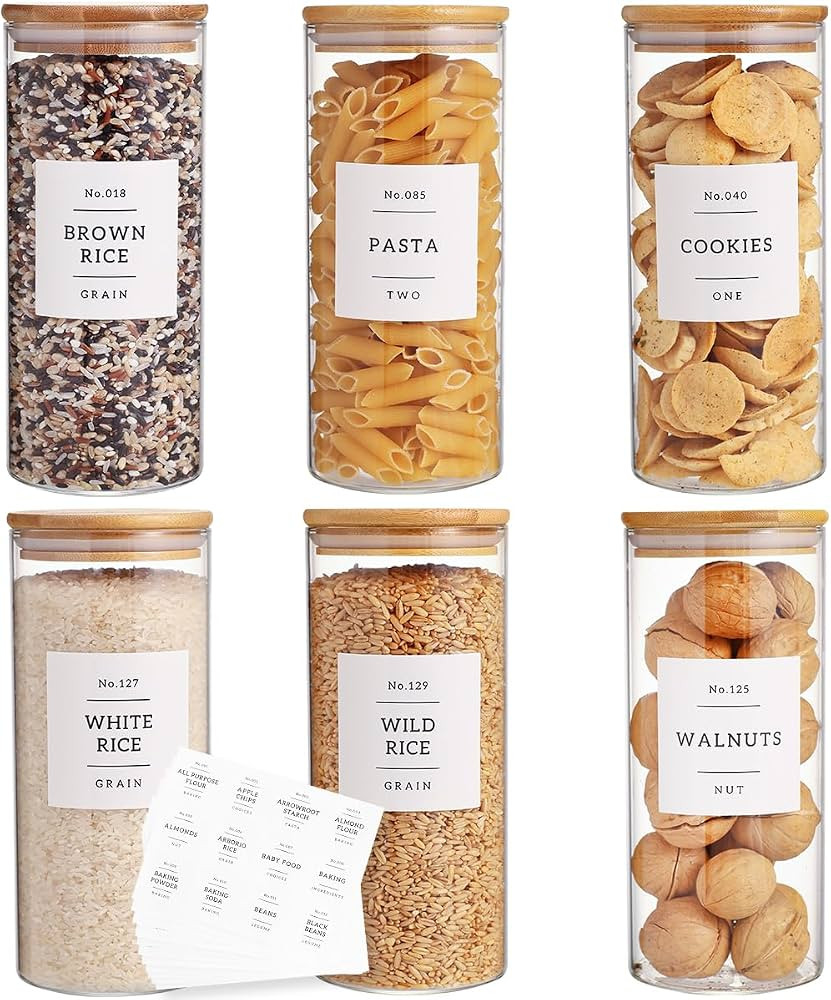 6 Pack Glass Jar with Airtight Bamboo Lid and White 132 Kichen Pantry Labels Preprinted - 28 Oz C... | Amazon (US)