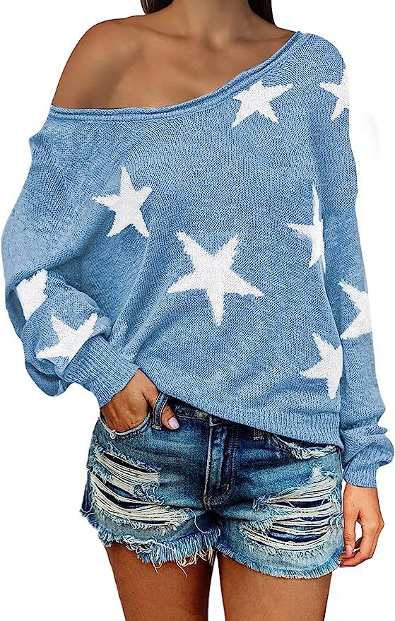 COCOLEGGINGS Women's Scoop Neck Long Sleeve Star Pullover Sweater Tunic Tops | Amazon (US)